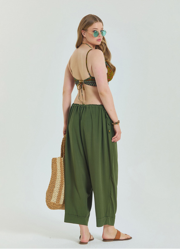 P Adjustable Waist Khaki Women's Plus Size Trousers with Rope Detail 4621